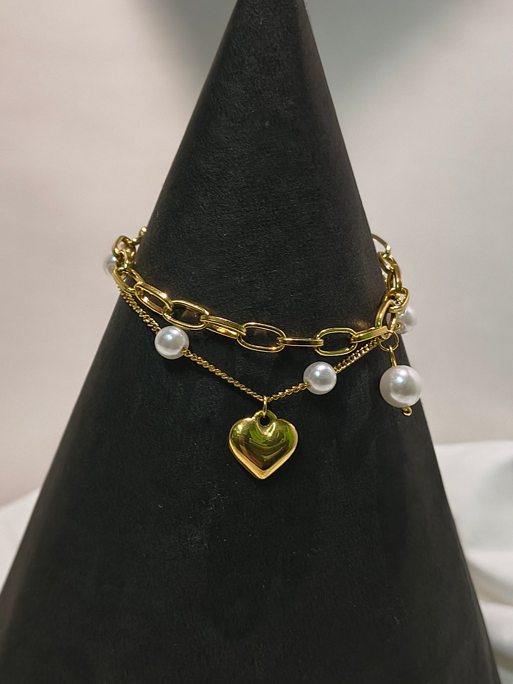 Double-Strand Gold Plated Pearl Chain Bracelet with a Heart Charm ✨🤍
