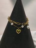 Double-Strand Gold Plated Pearl Chain Bracelet with a Heart Charm ✨🤍
