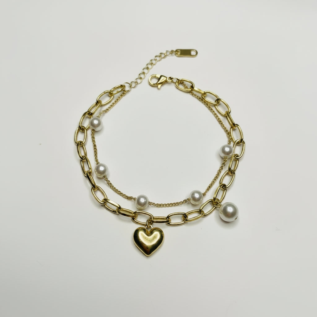Double-Strand Gold Plated Pearl Chain Bracelet with a Heart Charm ✨🤍