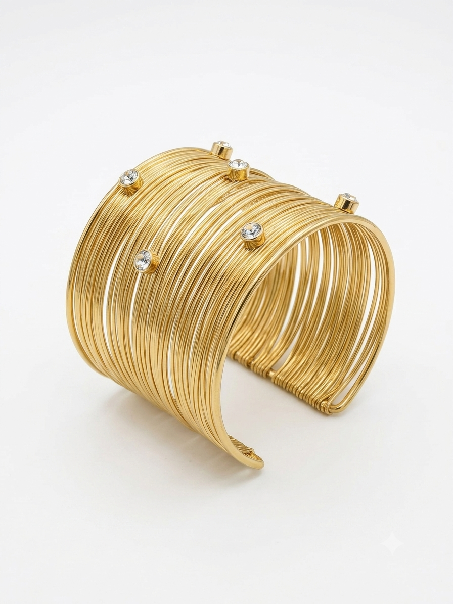 Crystal-Embellished Golden Wire Cuff