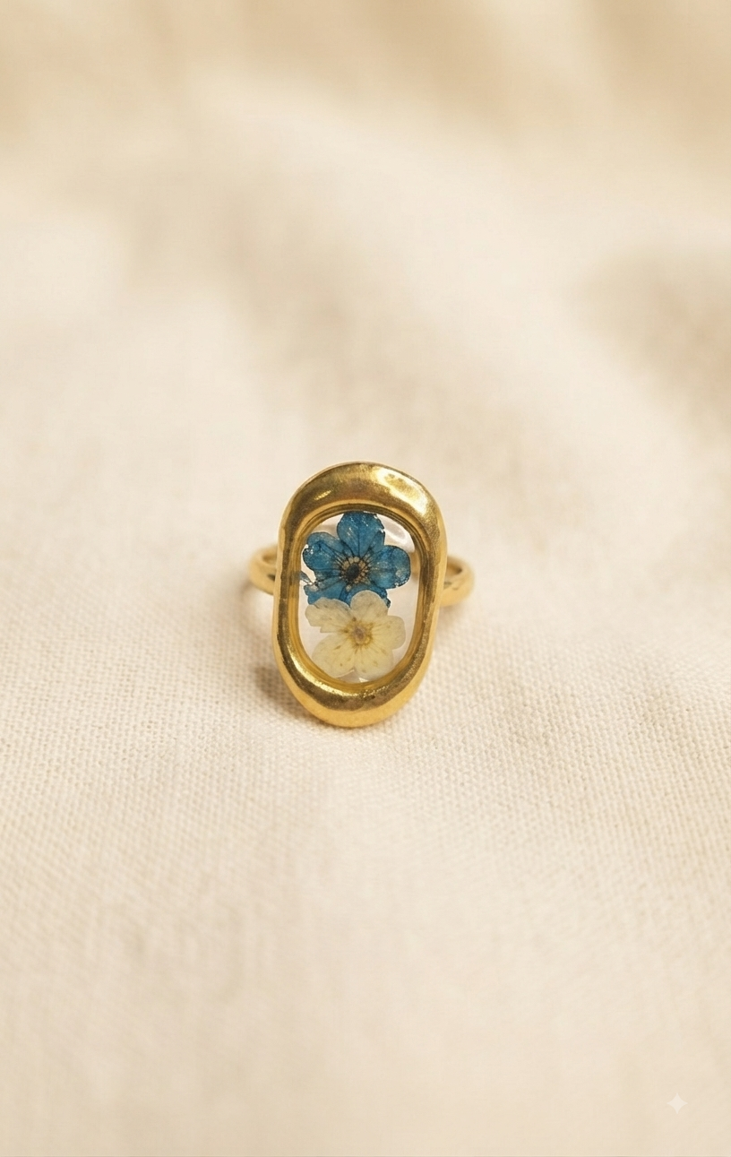 Blue & White Floral Resin Ring (Adjustable)
